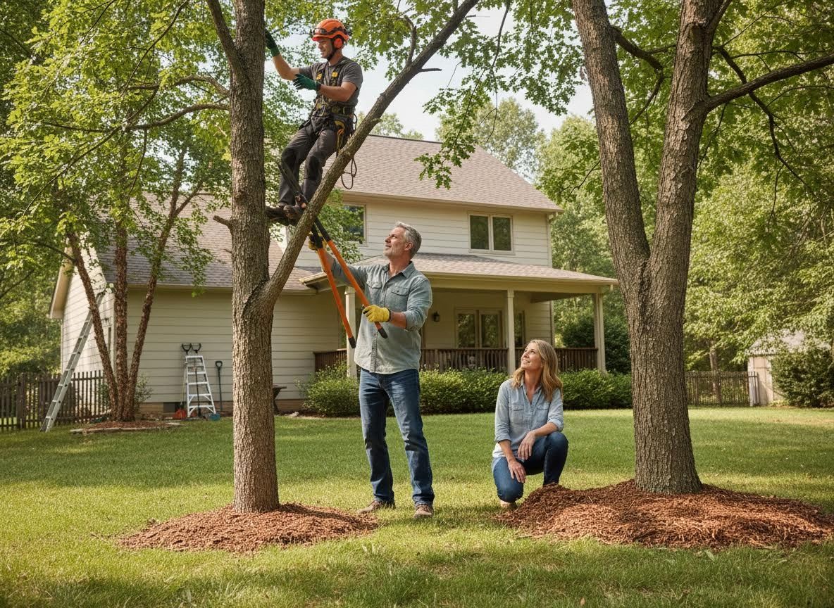 Family trimming trees in their yard
