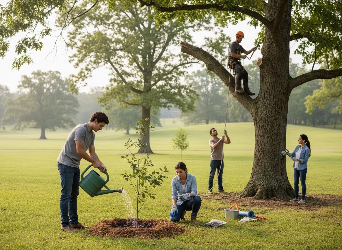 Group of people planting and caring for trees in a park
