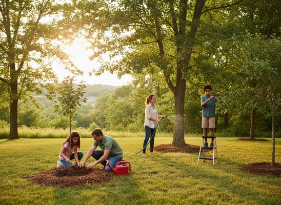 Family planting trees and watering garden