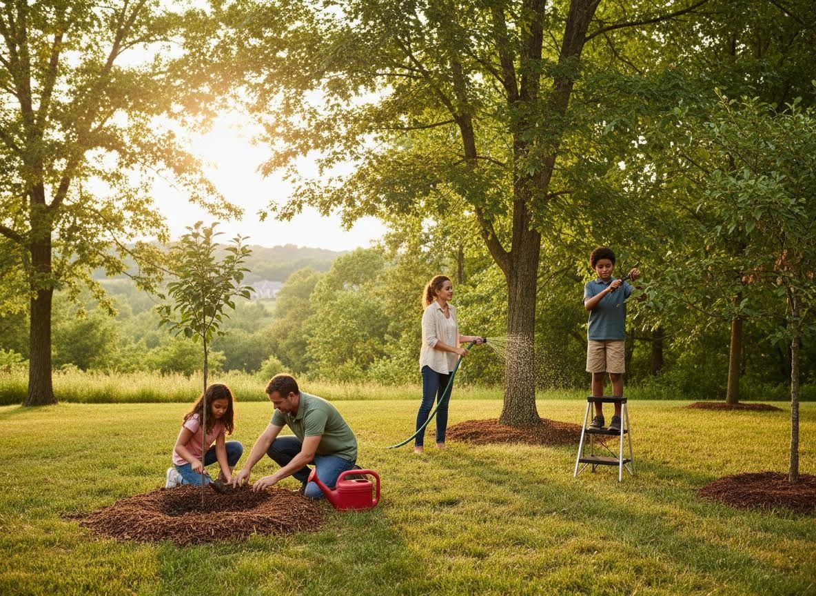 Family planting trees and watering garden