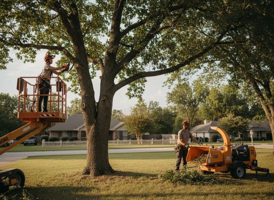 Two tree service workers pruning a large tree. One is in a hydraulic lift, the other operates a wood chipper below. Tree Trimming with Hydraulic Lift and Wood Chipper