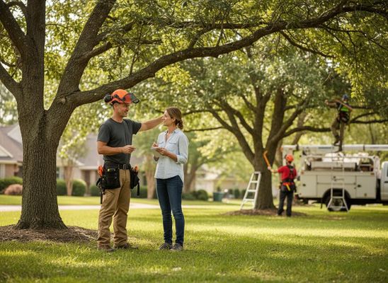 Arborist consultation with a homeowner while a tree care crew works