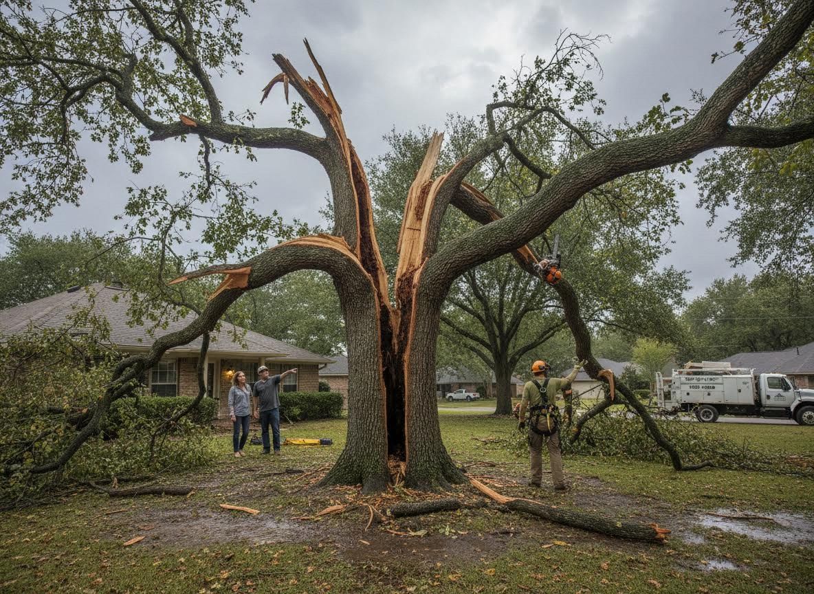 Storm-damaged tree split in a residential yard with homeowners and a tree worker