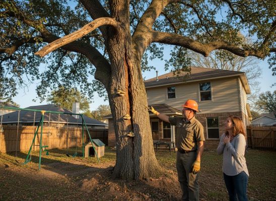 An arborist in a hard hat points to a large vertical crack and shelf fungi on a tree trunk, explaining the issue to a woman. Arborist points to tree damage for a concerned homeowner