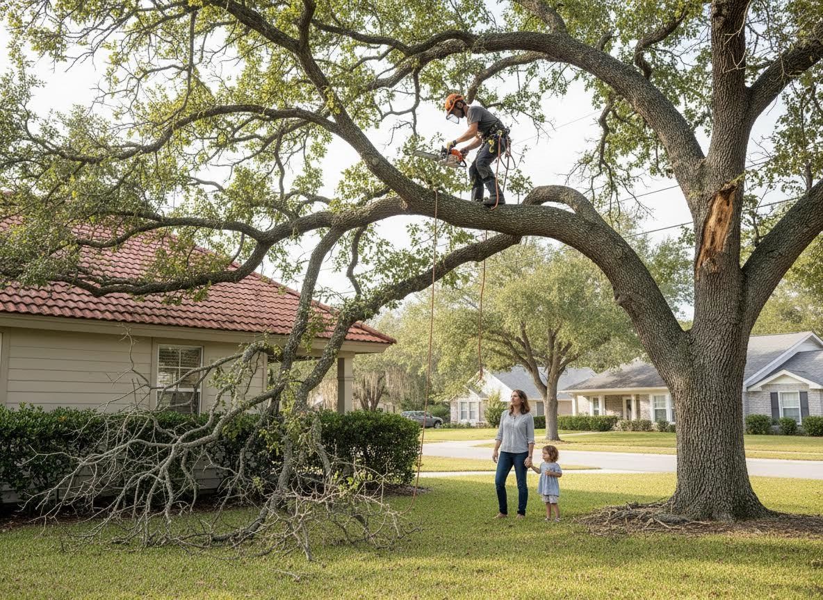 Arborist pruning a large oak tree with a chainsaw