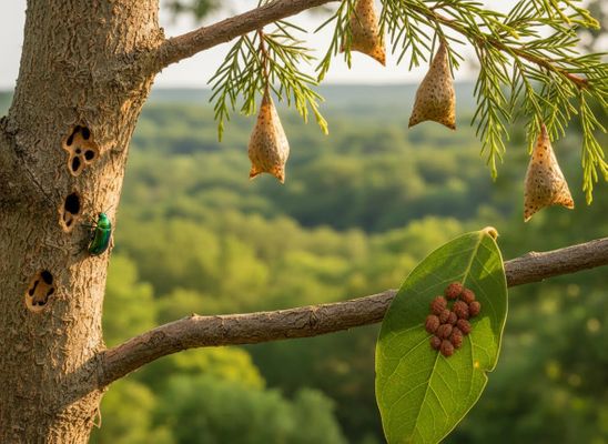 Emerald Ash Borer, Cocoons, and Eggs on Tree Branches
