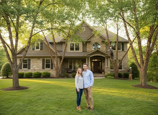 Couple in Front of House with Tree Service Workers