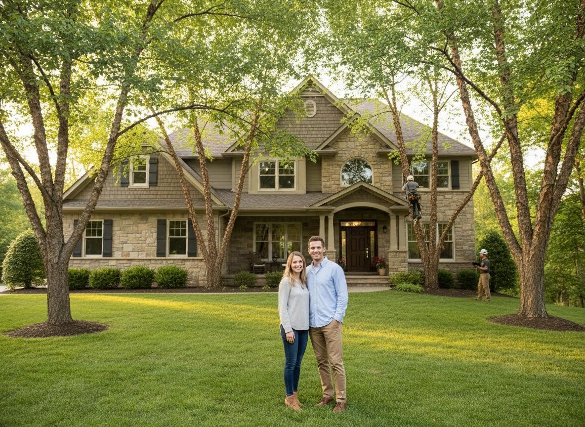 Couple in Front of House with Tree Service Workers
