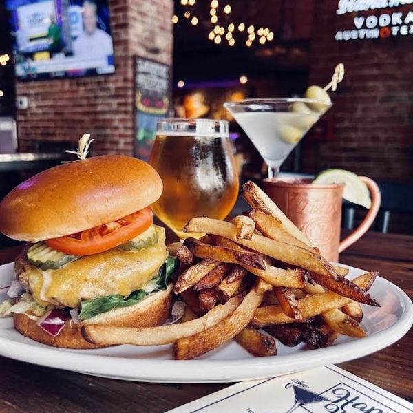 Beer, burger, and fries in The Bourbon Room