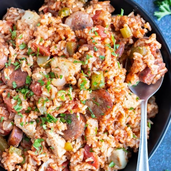 Spoon in a jambalaya bowl