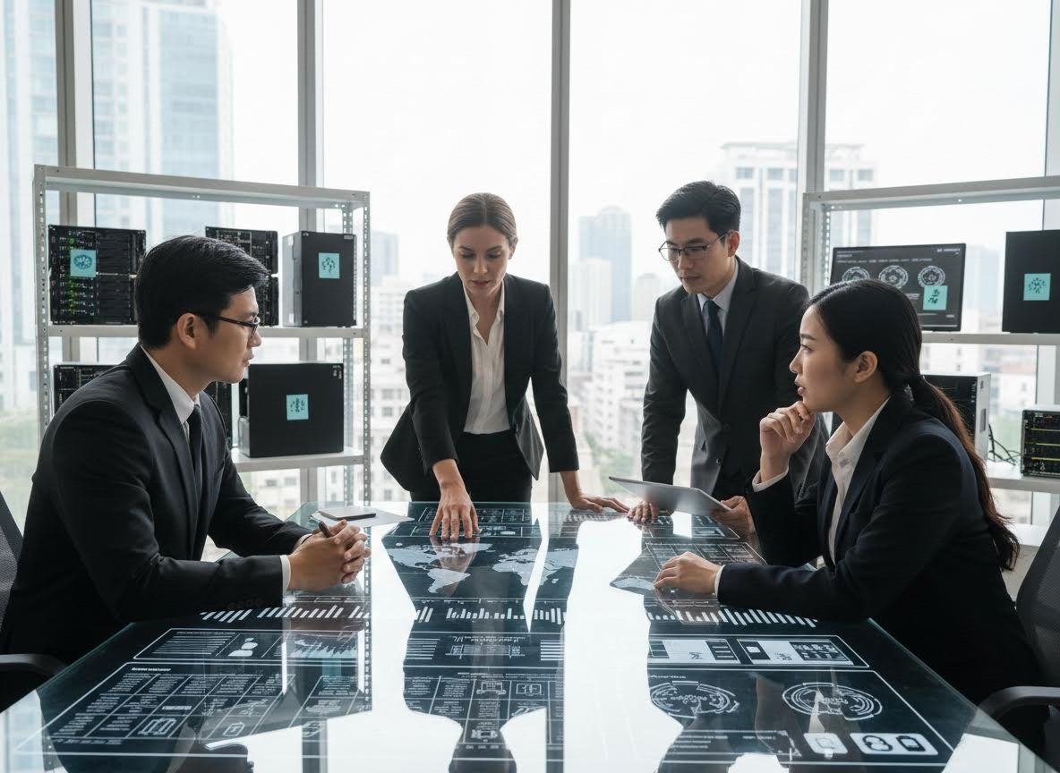 Business Professionals in High-Tech Data Meeting