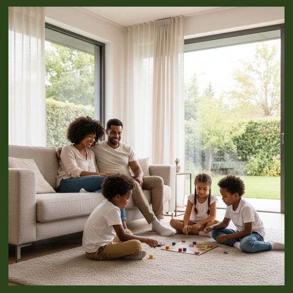 A family relaxes safely in their modern living room while children play a board game on the floor.