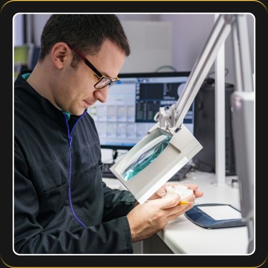 dentist using magnifying lens to examine reconstructed teeth