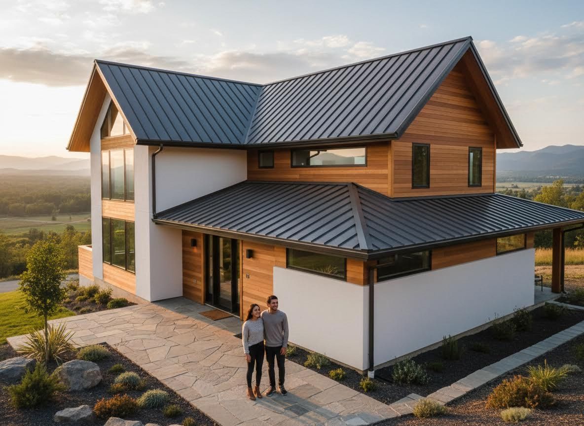 Modern House with Metal Roof and Mountain View