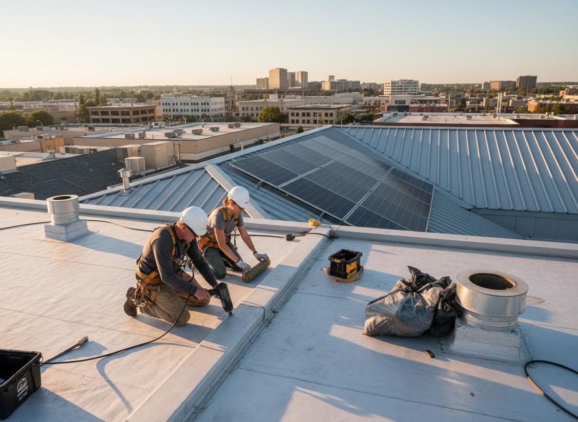 Rooftop Workers with Solar Panels
