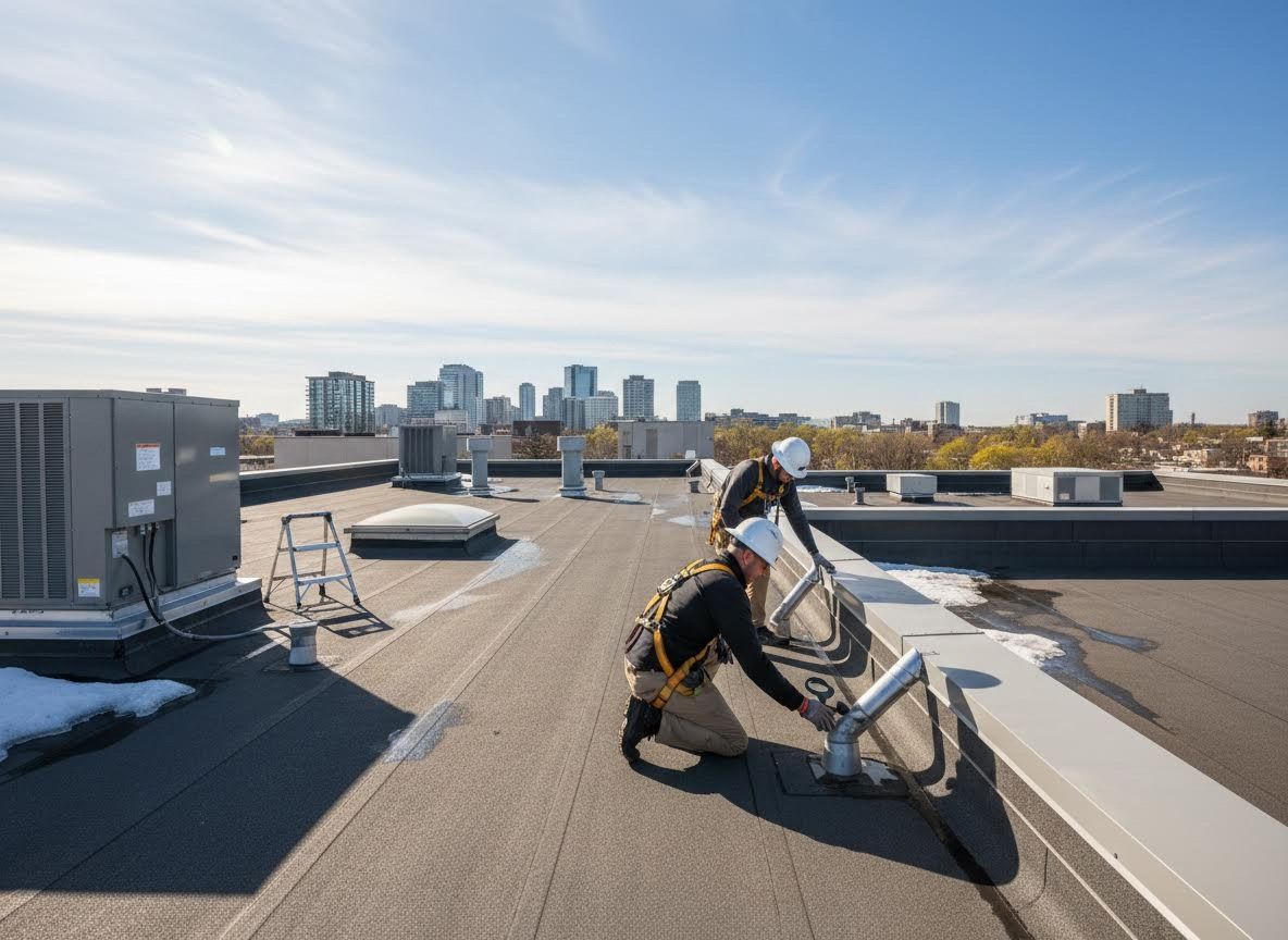 Construction Workers on a Rooftop with City Skyline