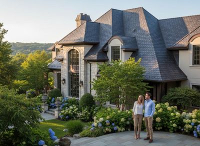 A couple stands on a paved patio in front of a grand stone house with a slate roof and vibrant blue and white hydrangeas. Couple admiring their elegant stone house with slate roof