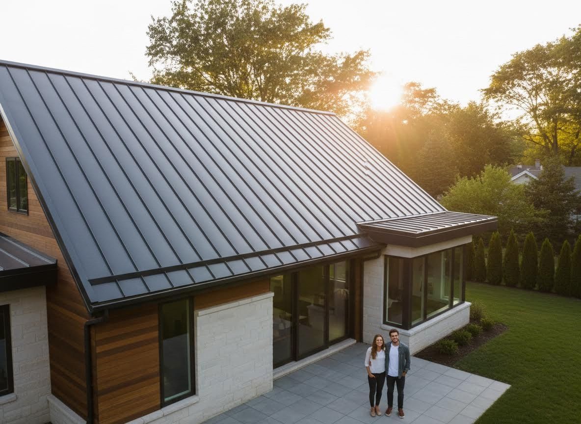 Couple by modern house with dark metal roof