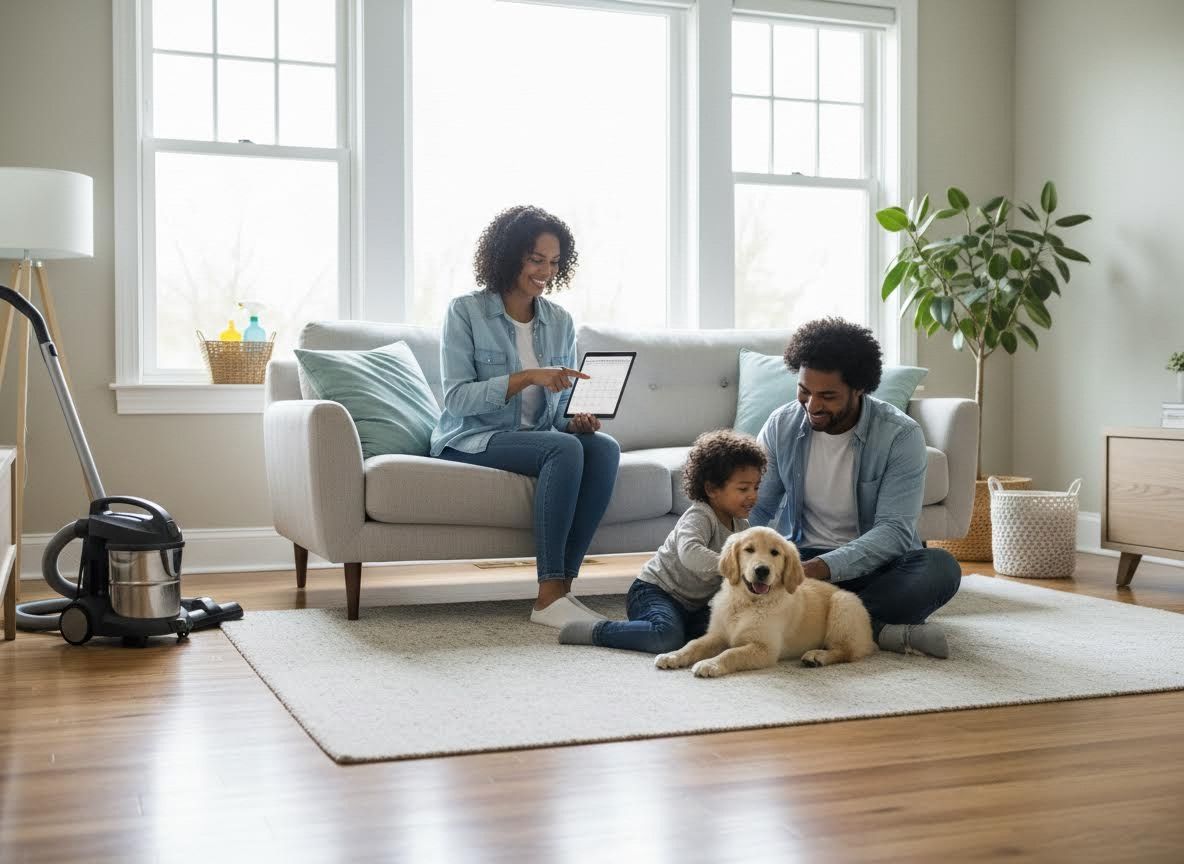 Family with child and golden retriever puppy in living room