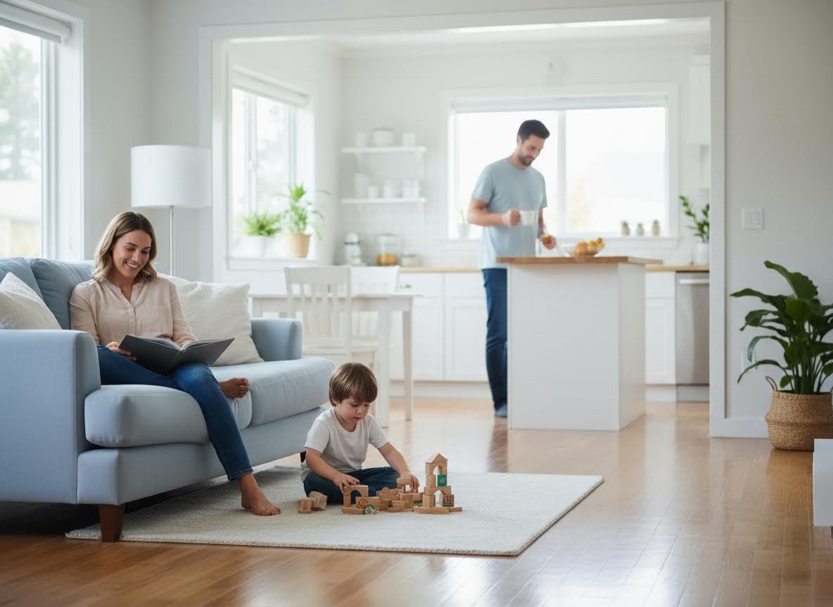 Family relaxed in a bright, modern home