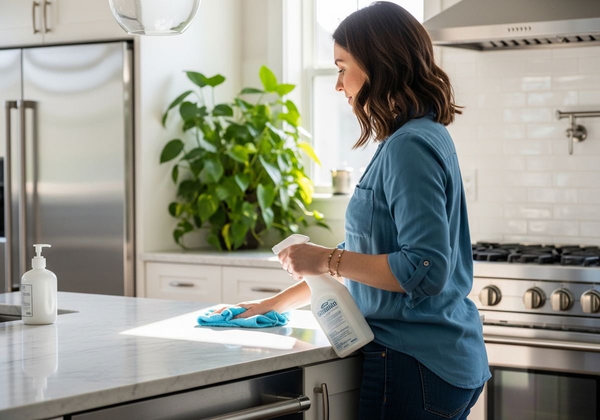 Woman Cleaning Kitchen Countertop