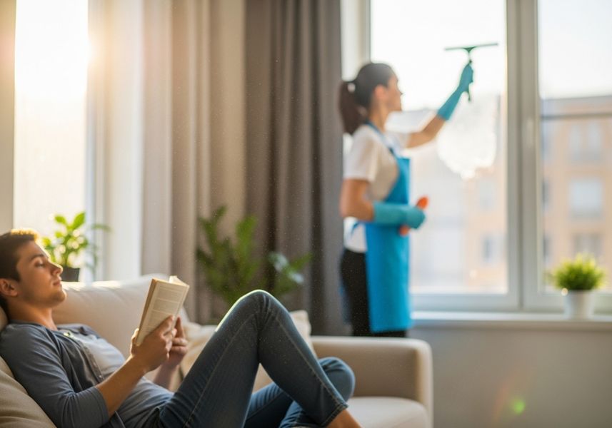 Man Reading as Housekeeper Cleans Window