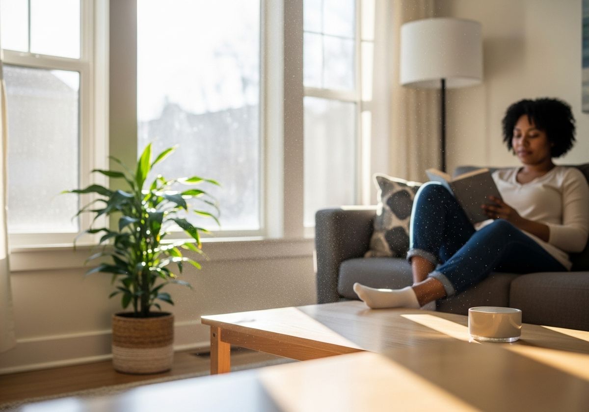 Woman Relaxing at Home Reading Book on Sofa