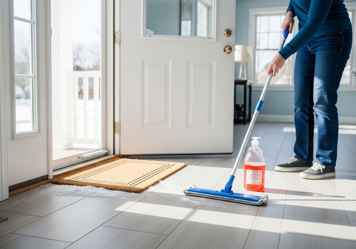 Person Mopping Melted Snow Near Entryway