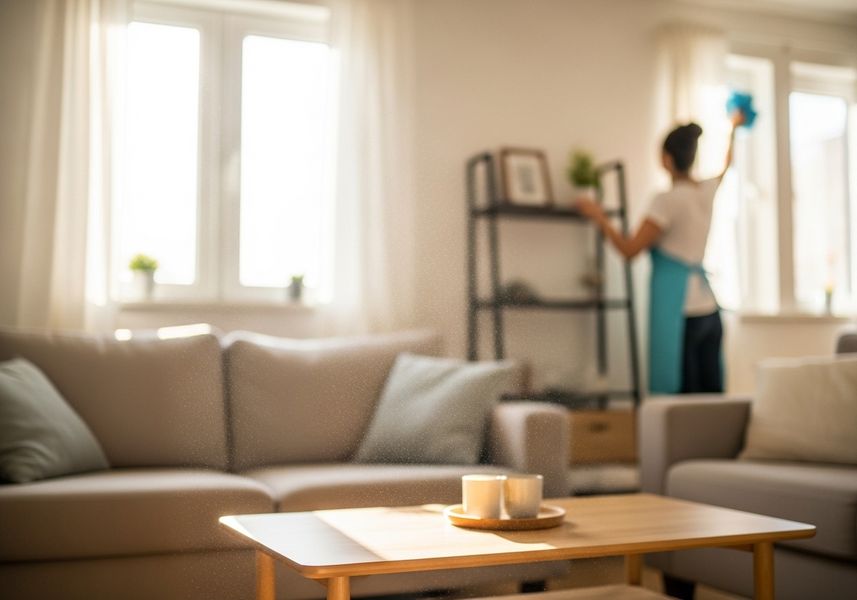 Woman dusting shelves in a sunlit living room