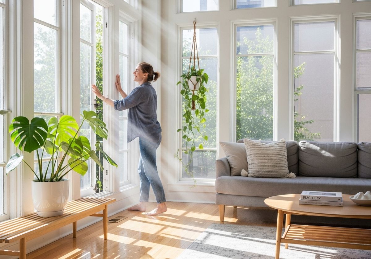Woman Enjoying Sunlight in Airy Living Room