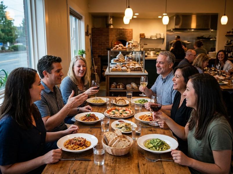 Friends Enjoying Dinner at an Italian Restaurant