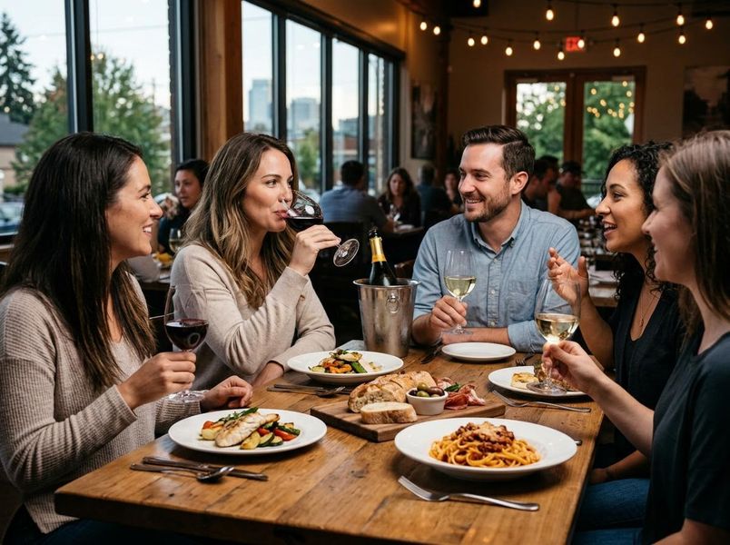 Friends Dining and Drinking Wine at a Restaurant