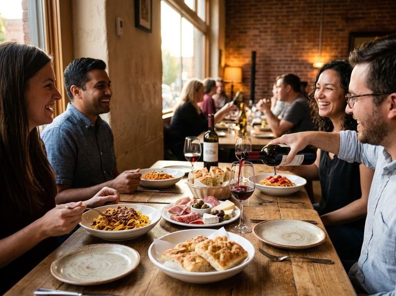 Friends Dining and Sharing Wine at an Italian Restaurant