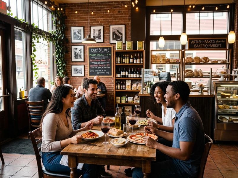 Diverse group dining at a cozy Italian restaurant