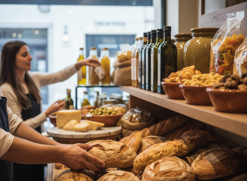 Hands holding fresh bread in a bustling food market