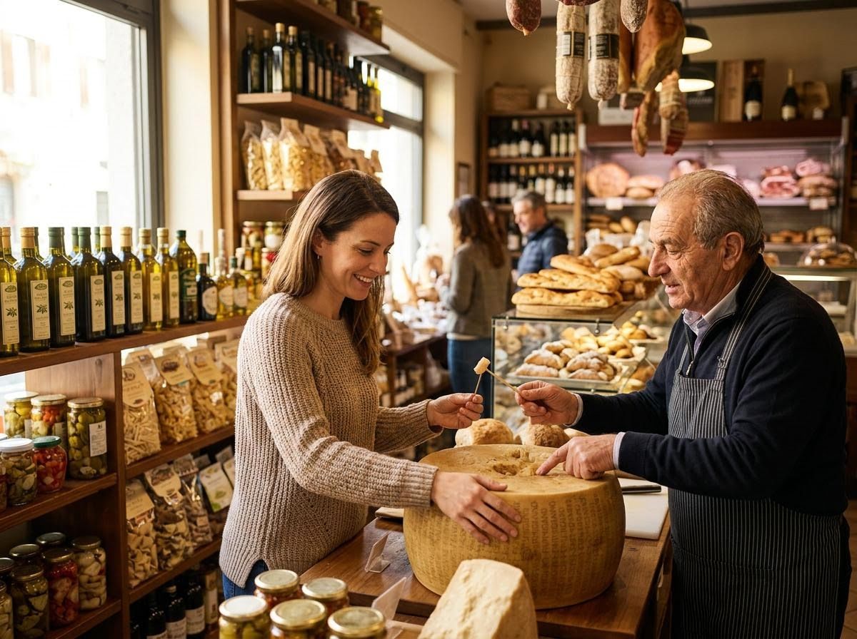Woman Sampling Cheese in a European Deli