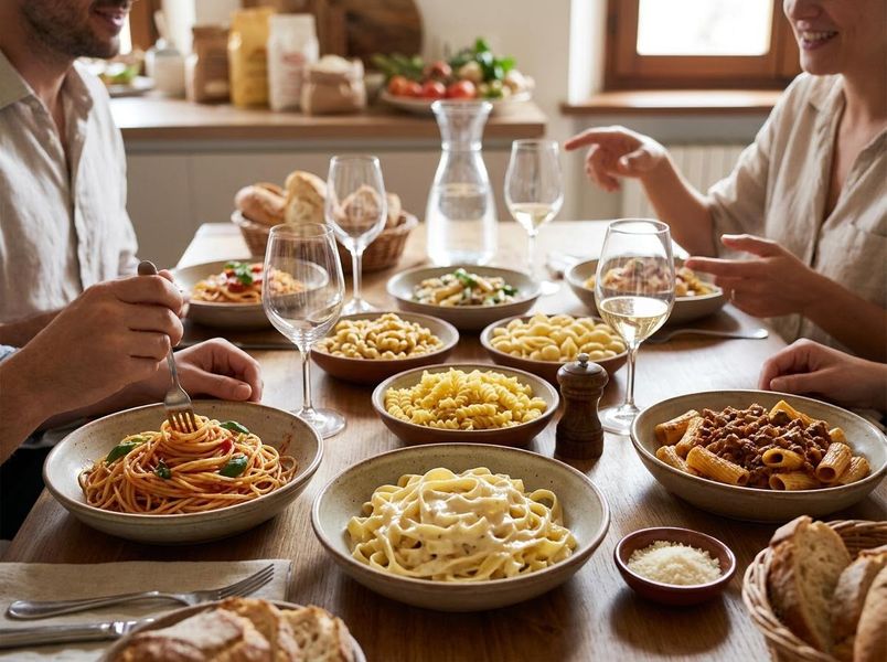 People enjoying a pasta meal with various dishes