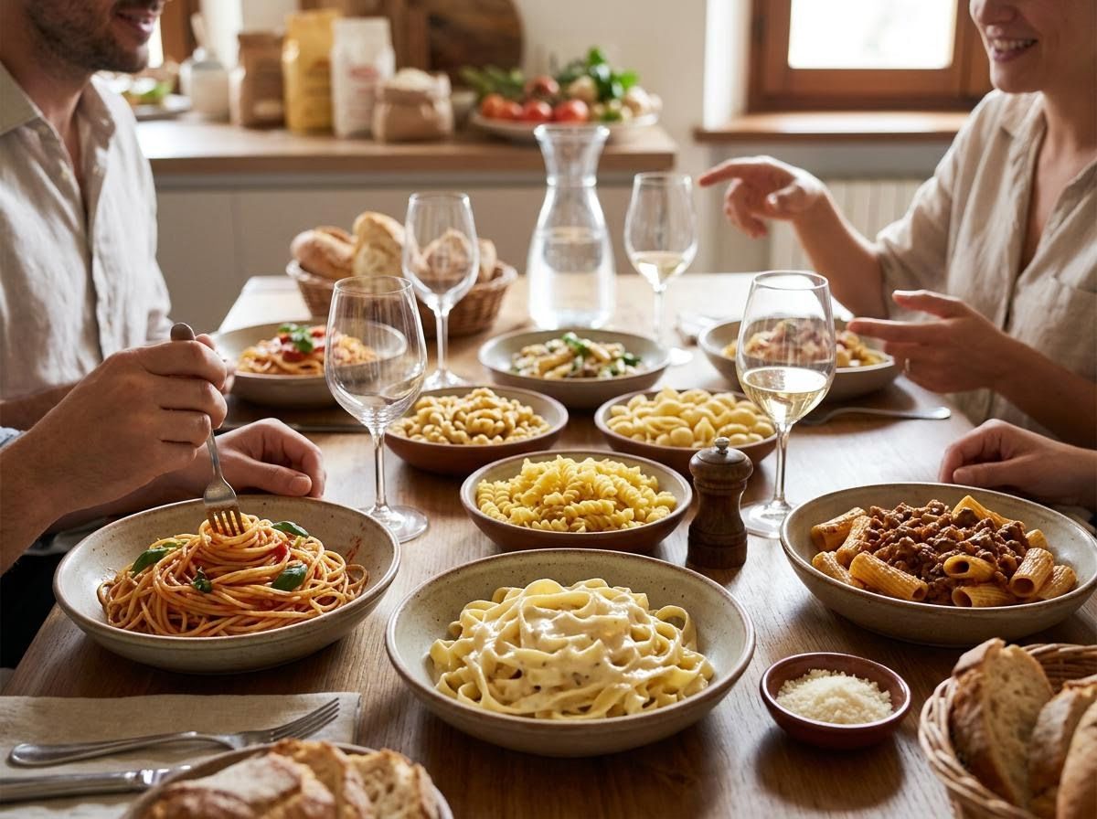 People enjoying a pasta meal with various dishes