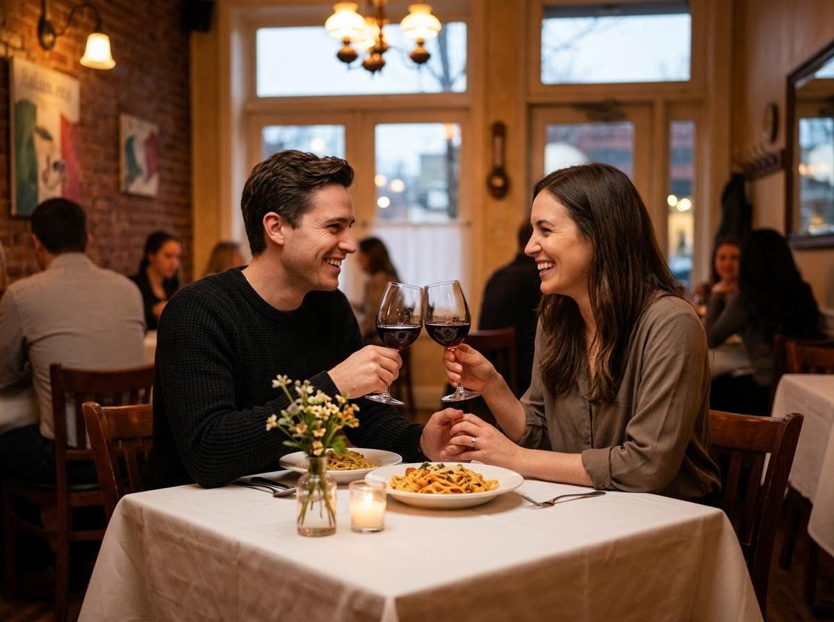 Couple toasting with red wine at an Italian restaurant