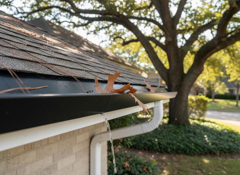 Clogged House Gutter Overflowing with Water