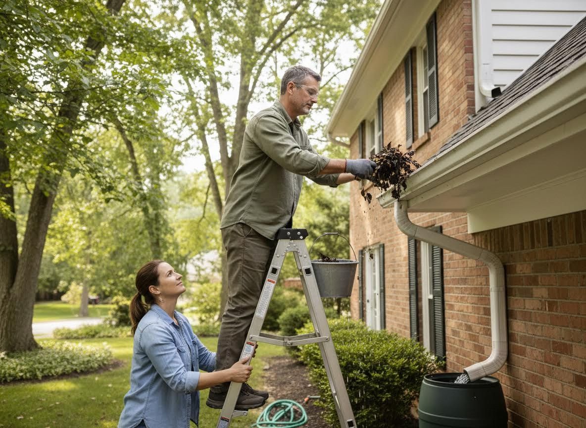 Man cleaning house gutters with assistance
