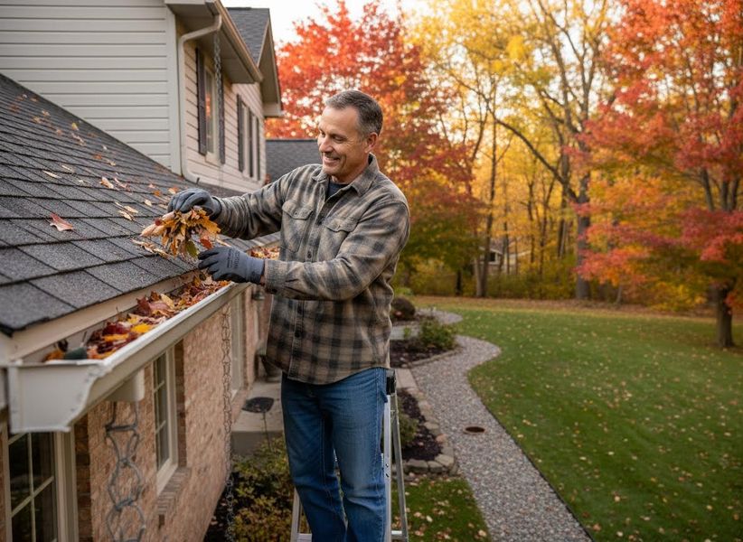 Man Cleaning Gutters in Autumn