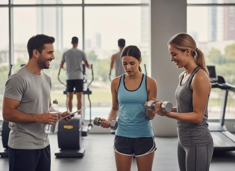 Personal Trainer Guiding Women with Dumbbell Exercises