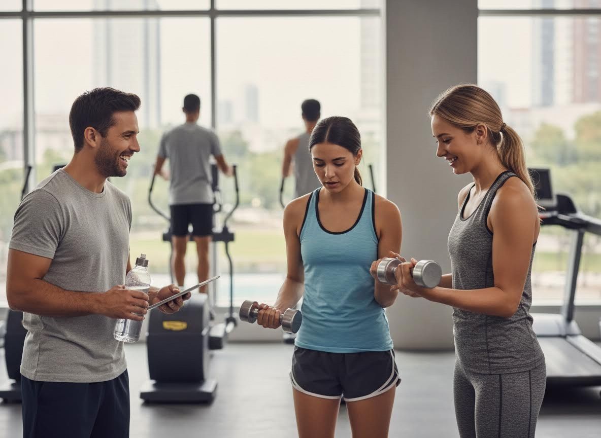 Personal Trainer Guiding Women with Dumbbell Exercises