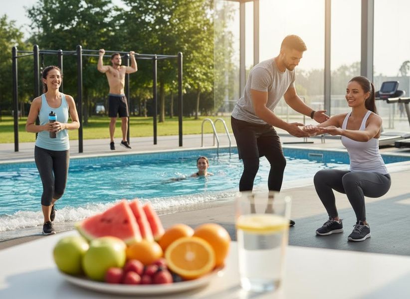 People Enjoying Outdoor Fitness and Healthy Refreshments