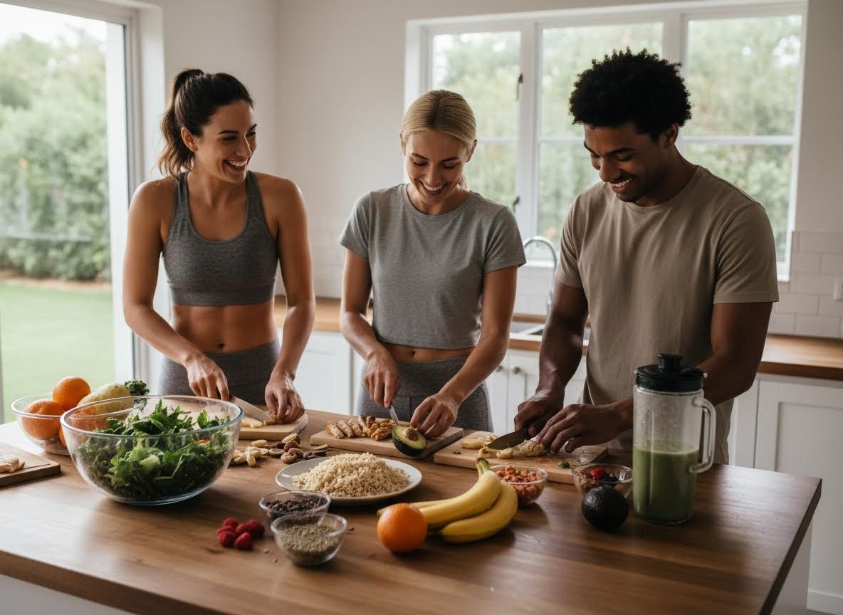 Three friends preparing a healthy meal with fresh ingredients in a bright kitchen