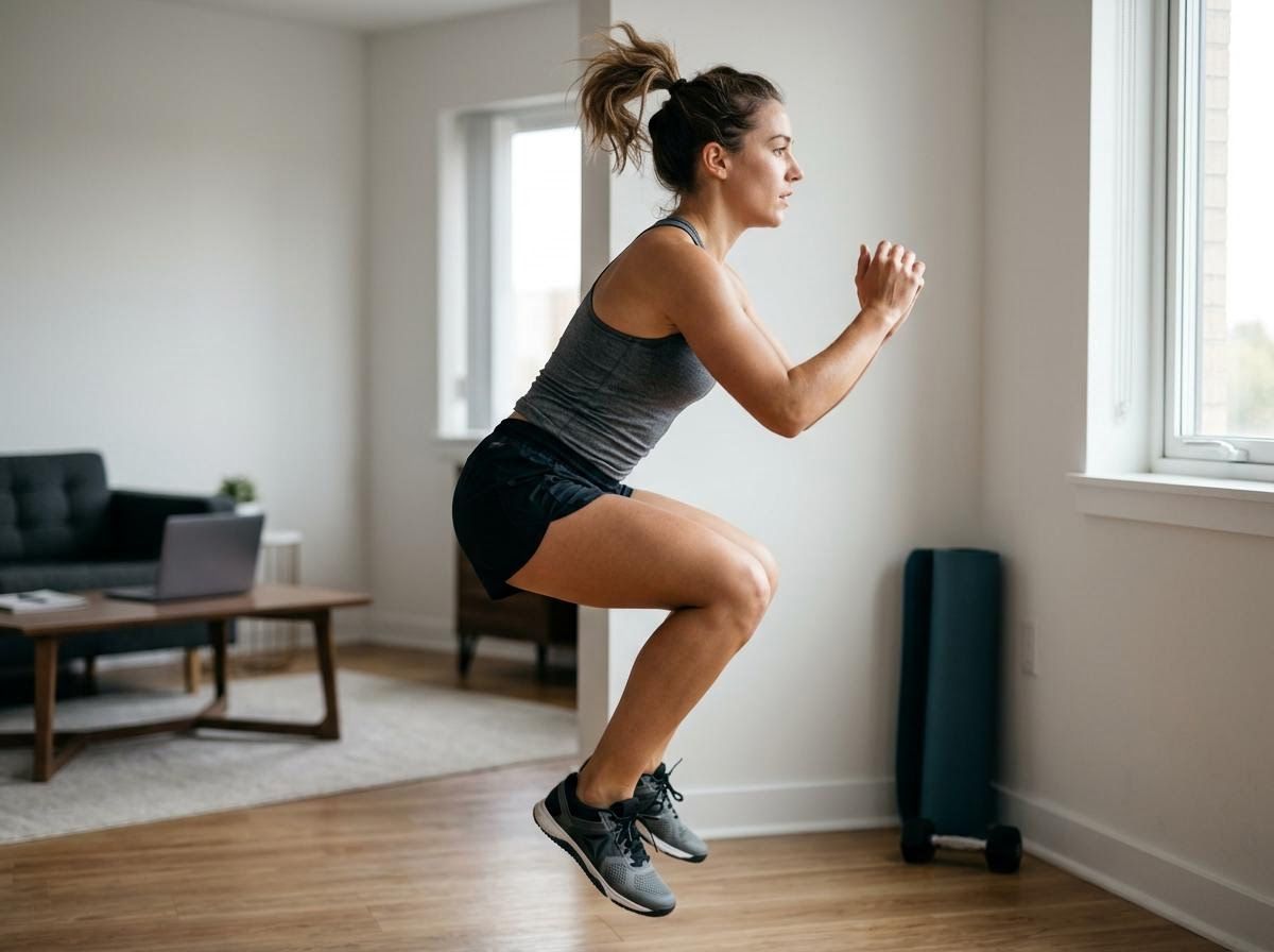 Woman doing a jump squat during home workout