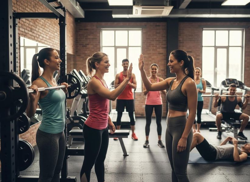 Friends high-fiving during a gym workout
