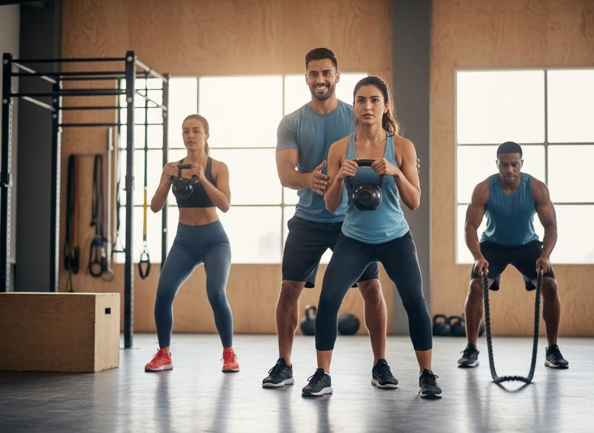 Personal trainer guiding women with kettlebell squats in a gym
