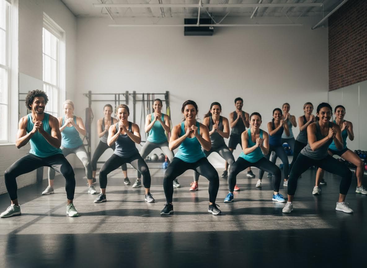 Diverse Group Performing Squats in a Fitness Class